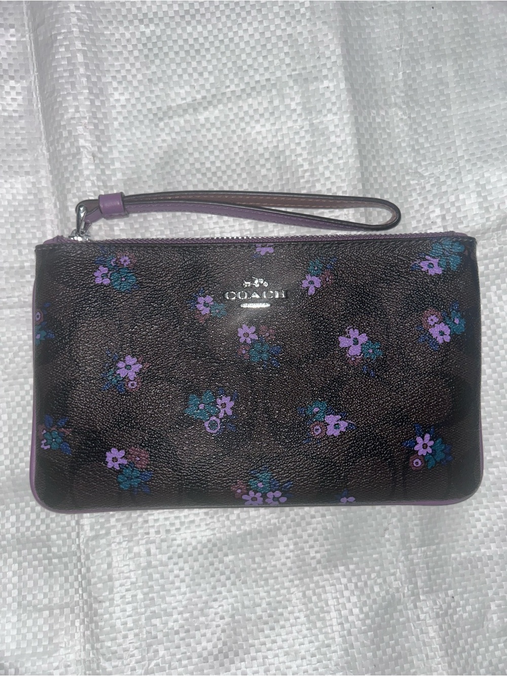 Coach brown Floral Wristlet with Purple Accents